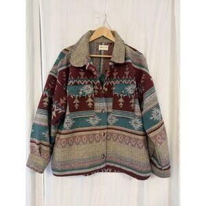 New In Jacket Womens Large Aztec Southwest Tweed Cozy Jacket Taupe Red Turquoise